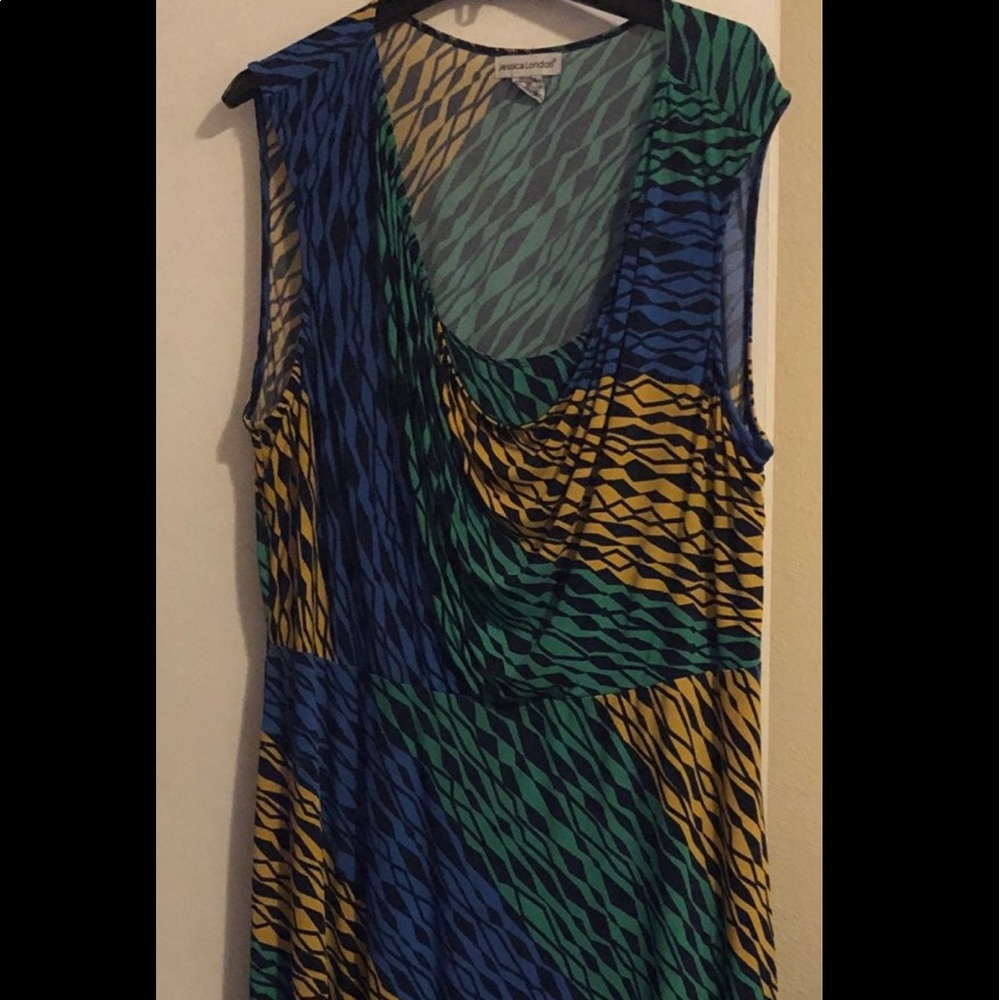 Jessica London Yellow Blue Green print dress  with Asymmetrical hem